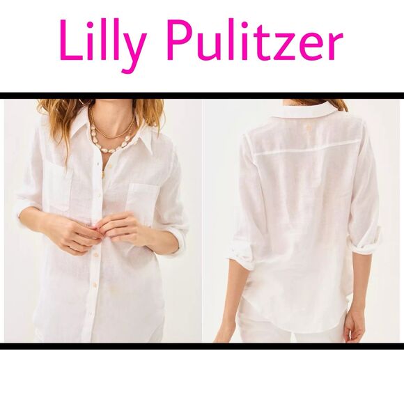 Lilly Pulitzer Sea View Linen Button Down Top Resort White XS NWT($118) #1274 - Picture 1 of 8